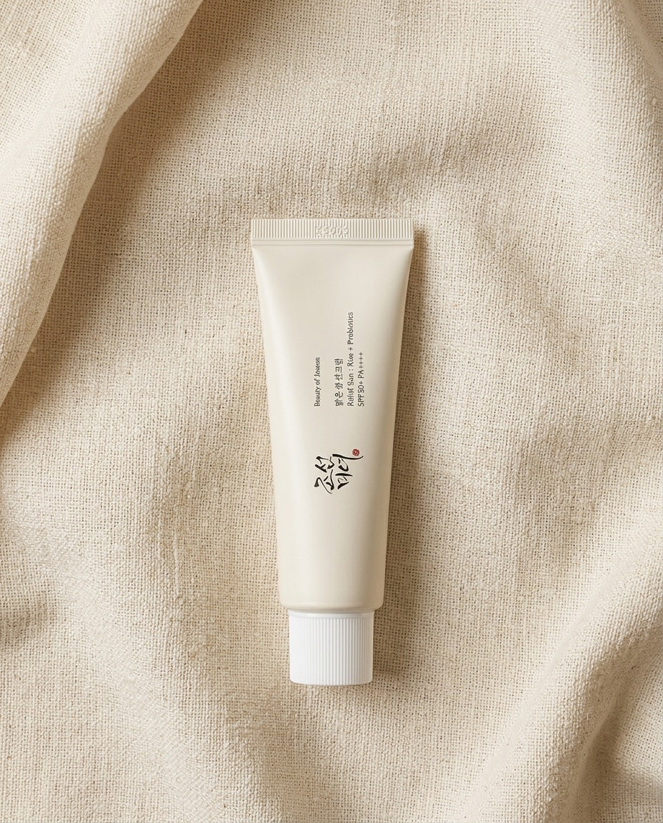 A squeeze tube of skincare cream, likely a moisturizer or body butter, with black text and a small black logo, placed on a draped beige linen fabric background.