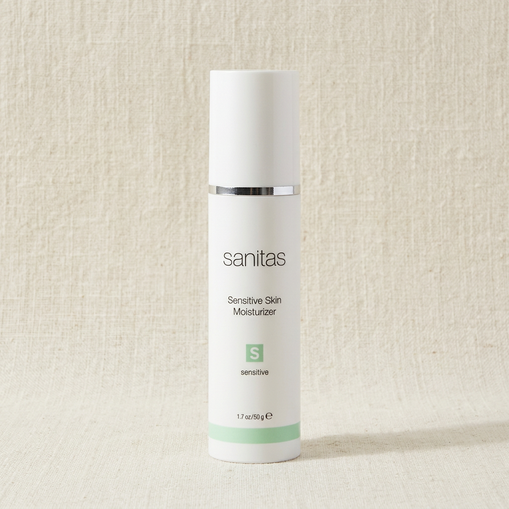 A white cylindrical bottle of Sanitas Sensitive Skin Moisturizer with a silver band and a light green accent stripe, set against a textured beige background.