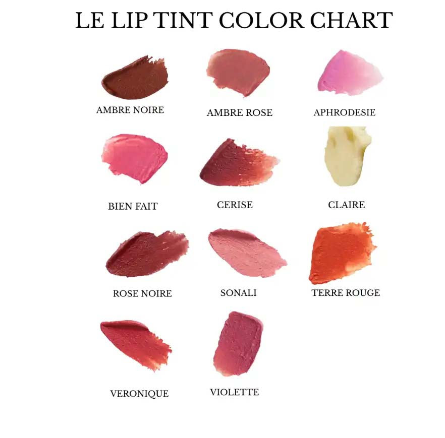A French-language lip tint color chart on a white background, showing multiple lipstick swatches with names such as Ambre Noire, Ambre Rose, Aphrodesie, Bien Fait, Cerise, Claire, Rose Noire, Sonali, Terre Rouge, Veronique, and Violette.